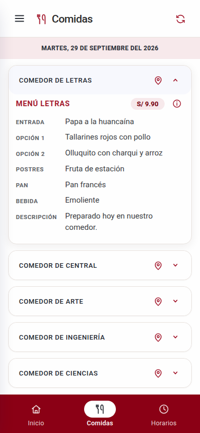 Pantalla de demostración con el menú del comedor y sus opciones
